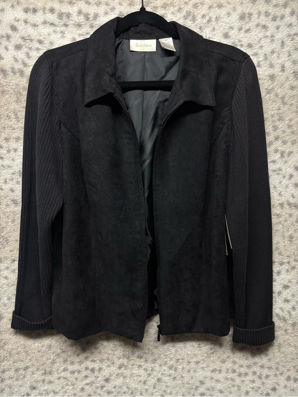 Y2K STUDIO WORKS FAUX SUEDE & RIBBED KNIT SLEEVE ZIP UP